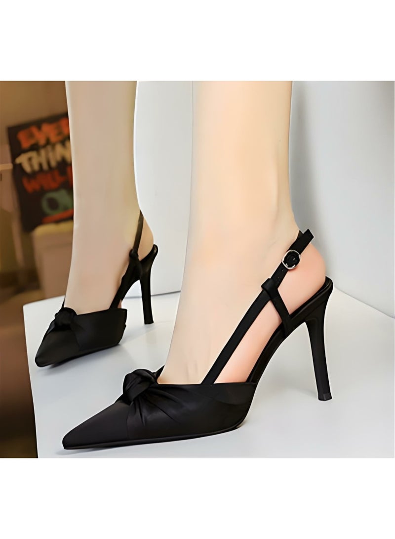 بيج تري المرأة الساتان مغلقة موجهة إصبع القدم مضخات سلينغباك كعب عالية الصنادل الأسود 9CM - Image 3