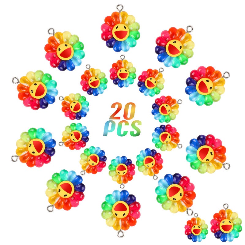 BENOSPACE 20 Pcs Colorful Smile Face Sunflower Charms Pendants New Smooth Resin Rainbow Smile Sunflower Bead Collection Crafts for DIY Bracelet Necklace Earring Keychain Making2 Sizes