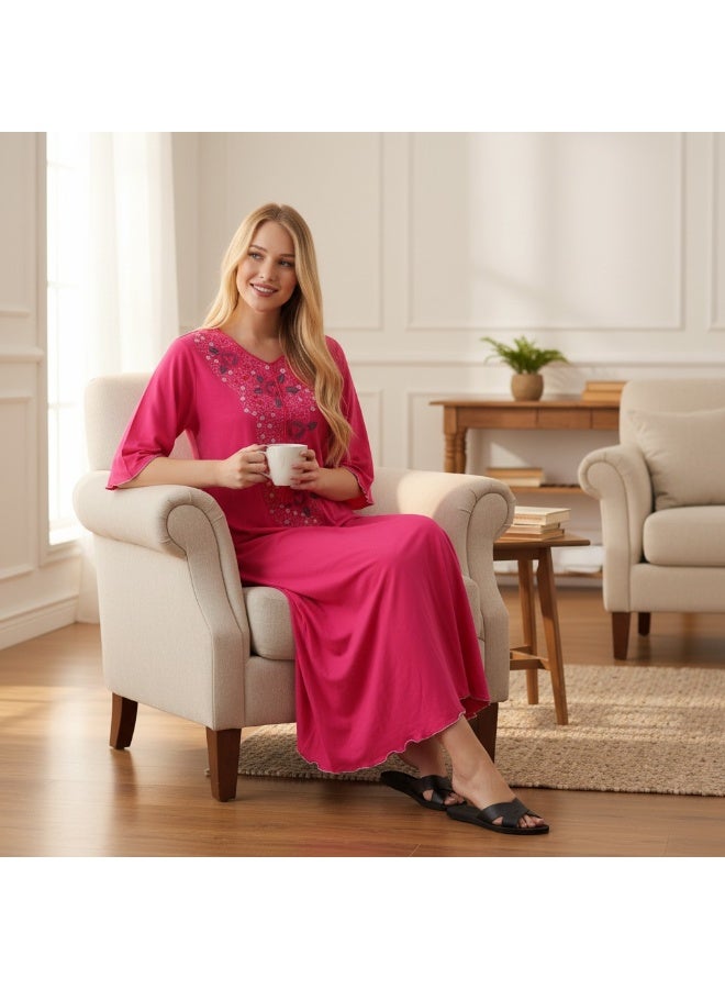 زيكوتكس  قميص نوم نسائي طويل من القطن مطرز – تطريز زهري أنيق فستان لبس منزلي بتفاصيل شرّاطة – مصنوع في مصر - Image 4