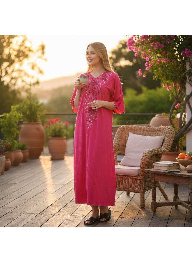 زيكوتكس  قميص نوم نسائي طويل من القطن مطرز – تطريز زهري أنيق فستان لبس منزلي بتفاصيل شرّاطة – مصنوع في مصر - Image 3