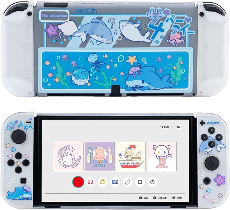 GeekShare حافظة الواقية النحيفة، متوافقة مع وحدة التحكم Switch OLED، توفر حماية ضد الصدمات ومنع الخدوش لجهاز Switch OLED - Shark Party - Image 1