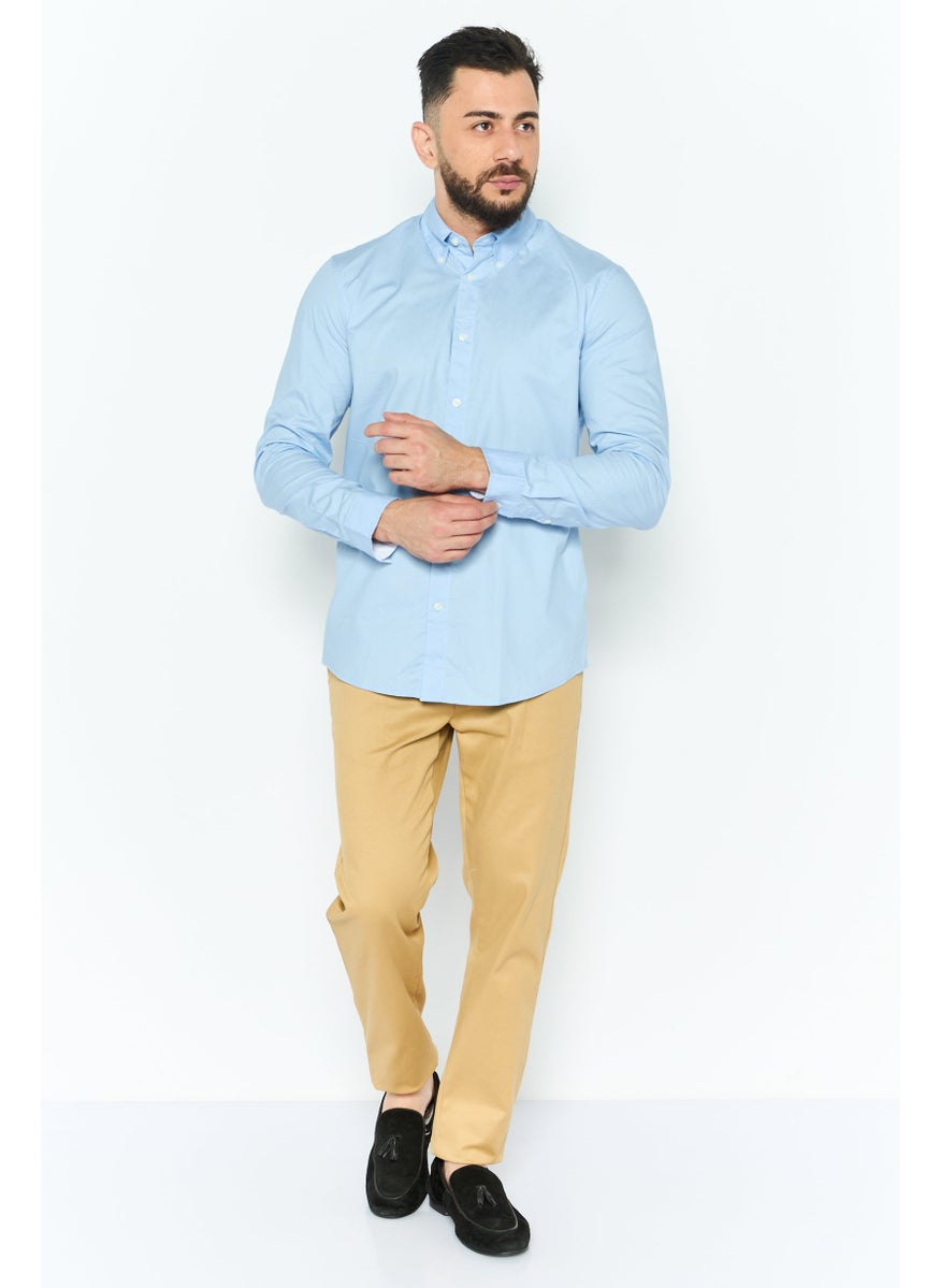 ESPRIT Men Regular  Fit Solid Long Sleeve Casual Shirt, Light Blue  - Image 3