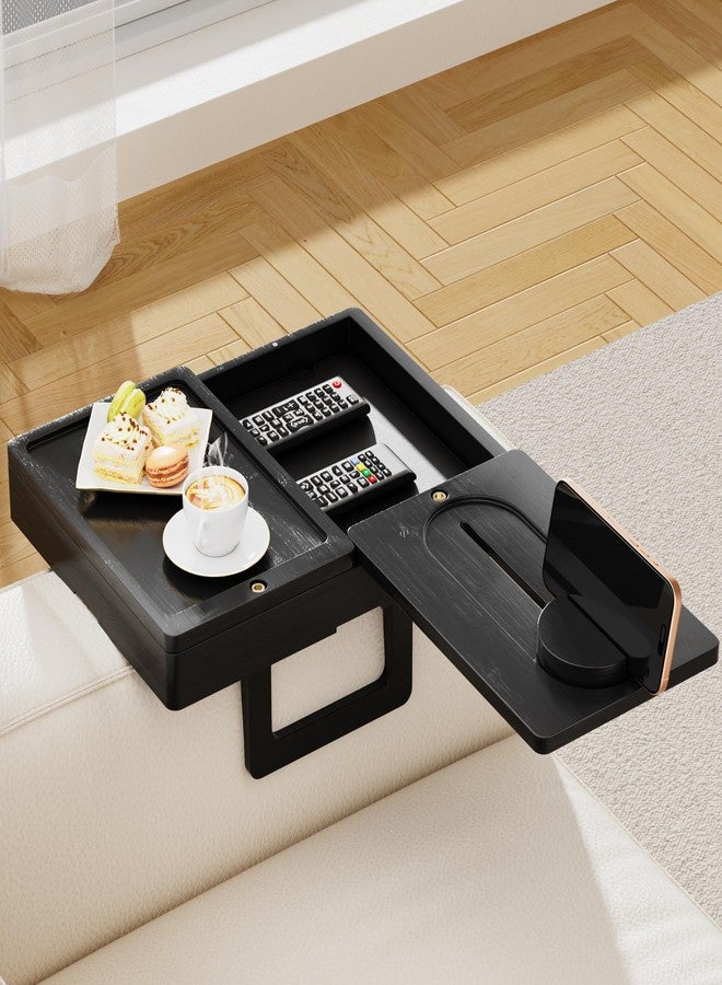 Ollieroo Bamboo Couch Arm Tray, 2 Rotating Trays with 360° Phone Holder & Storage Box, Black Adjustable Clip On Sofa Table for Snacks, Drinks, Fits Wide Armrests (Up to 10") - Image 1