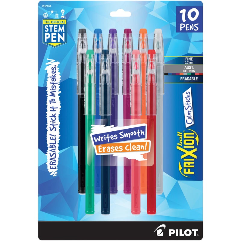 Pilot, FriXion ColorSticks Erasable Gel Ink Pens, Fine Point 0.7 mm, Pack of 10, Assorted Colors - Image 1