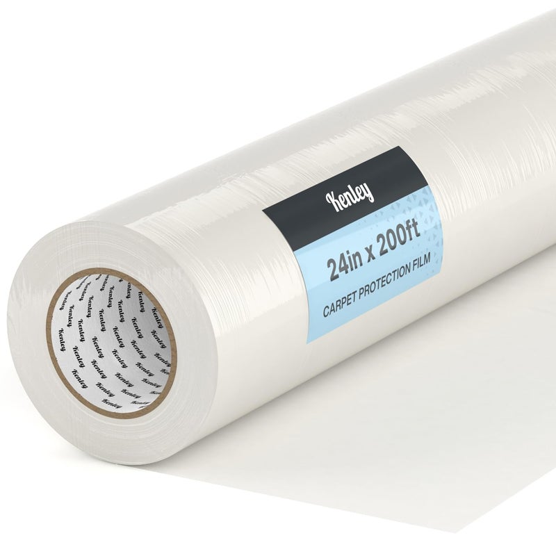 Kenley Carpet Protection Film - Self Adhesive Plastic Carpet Protector Film - Heavy Duty Shield Covering for Stairs Floor Runner Surface - Puncture & Water Resistant Sticky Protection Roll (24"x200') - Image 1