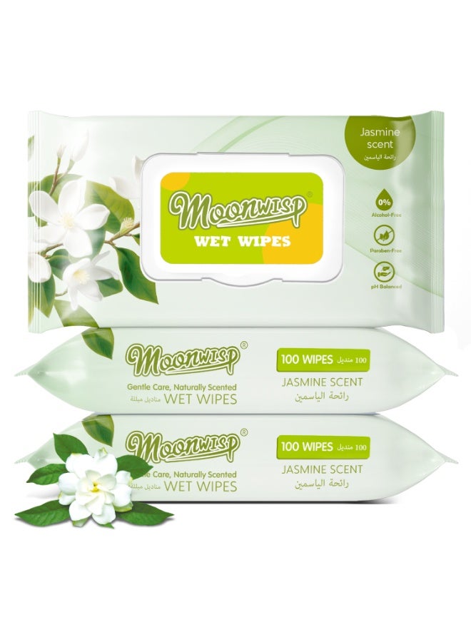 Moonwisp Wet Wipes for Cleaning and Hand Sanitizing, Jasmine Scented, Moisturizing, Travel-Friendly, Hypoallergenic, All-Purpose Wipes, Perfect for Adults and Kids (Green, PACK 3) - Image 1