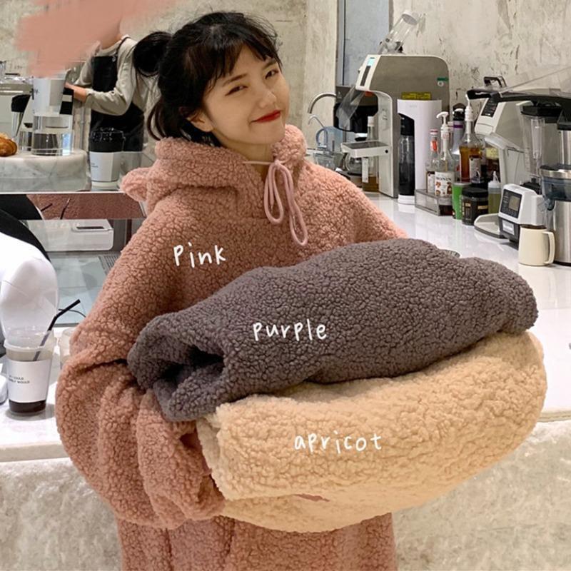 Pink Lamb Wool Sweatshirt Womens Korean Style Loose Fit Autumn/winter 2023 New Lazy Student Thickened Hooded Ins Top wazi
