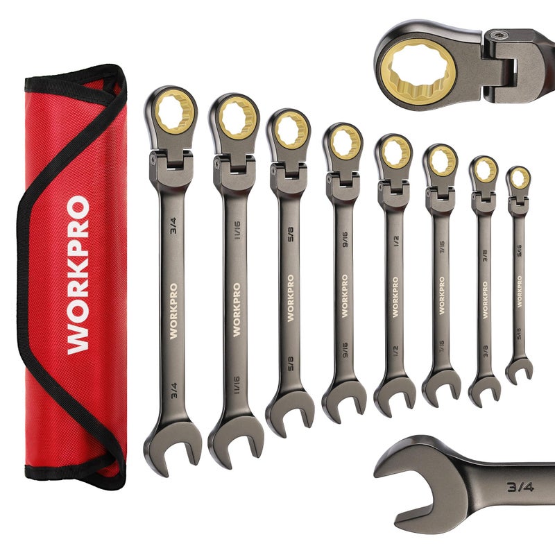 WORKPRO 8-piece Flex-Head Ratcheting Combination Wrench Set, SAE 5/16-3/4 in, 72-Teeth, CR-V Constructed, Nickel Plating with Organizer Bag - Image 1