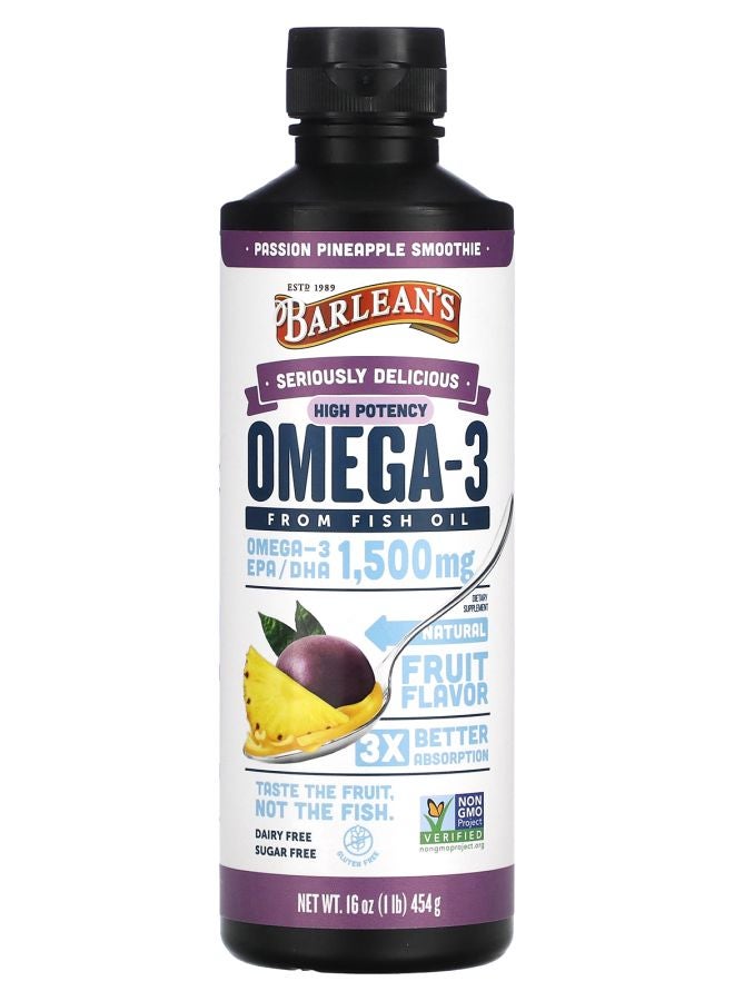BARLEAN'S Seriously Delicious Omega3 From Fish Oil High Potency Passion Pineapple Smoothie 1500 mg 1 lb (454 g) 