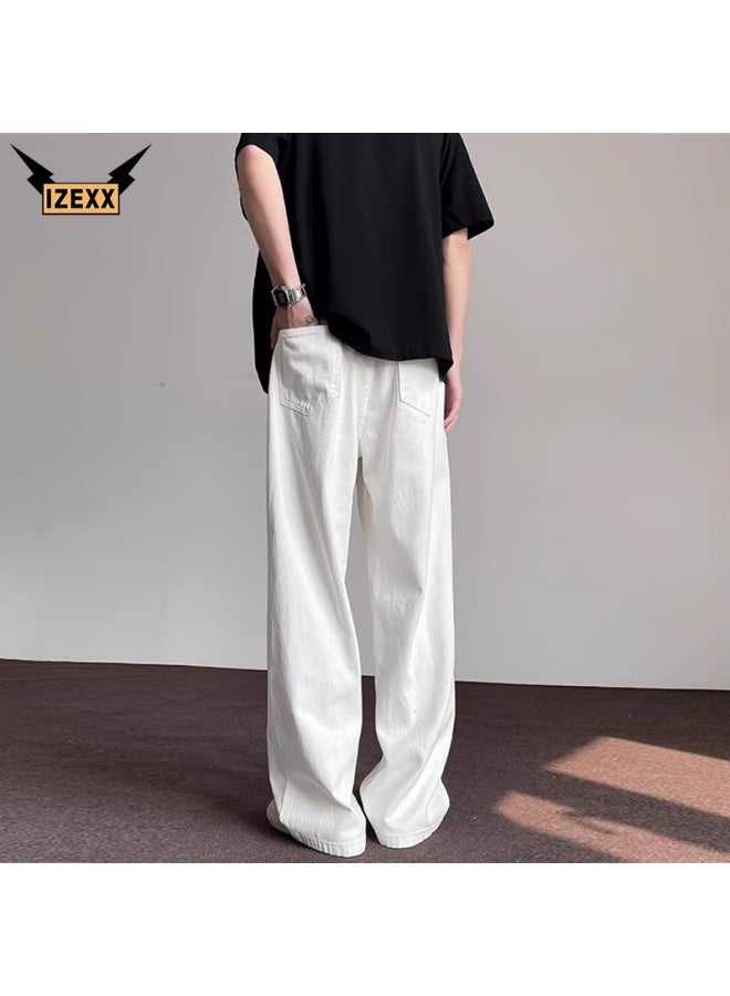 Izexx Pure Cotton Jeans For Men, Autumn High-end Wide-leg Trousers, Casual Versatile Straight-leg Pants, Iz58 White 3XL - Image 1