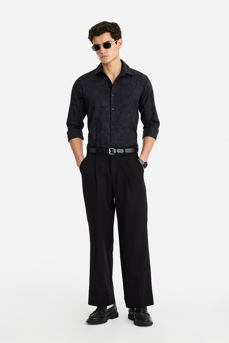 سنيتش Black Geometric Long Sleeve Slim Fit Formal Shirt