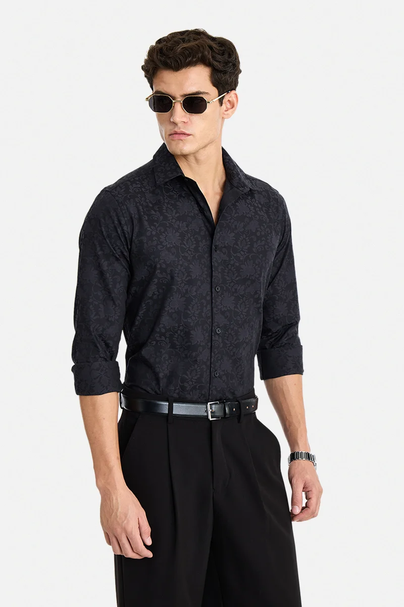 سنيتش Black Geometric Long Sleeve Slim Fit Formal Shirt