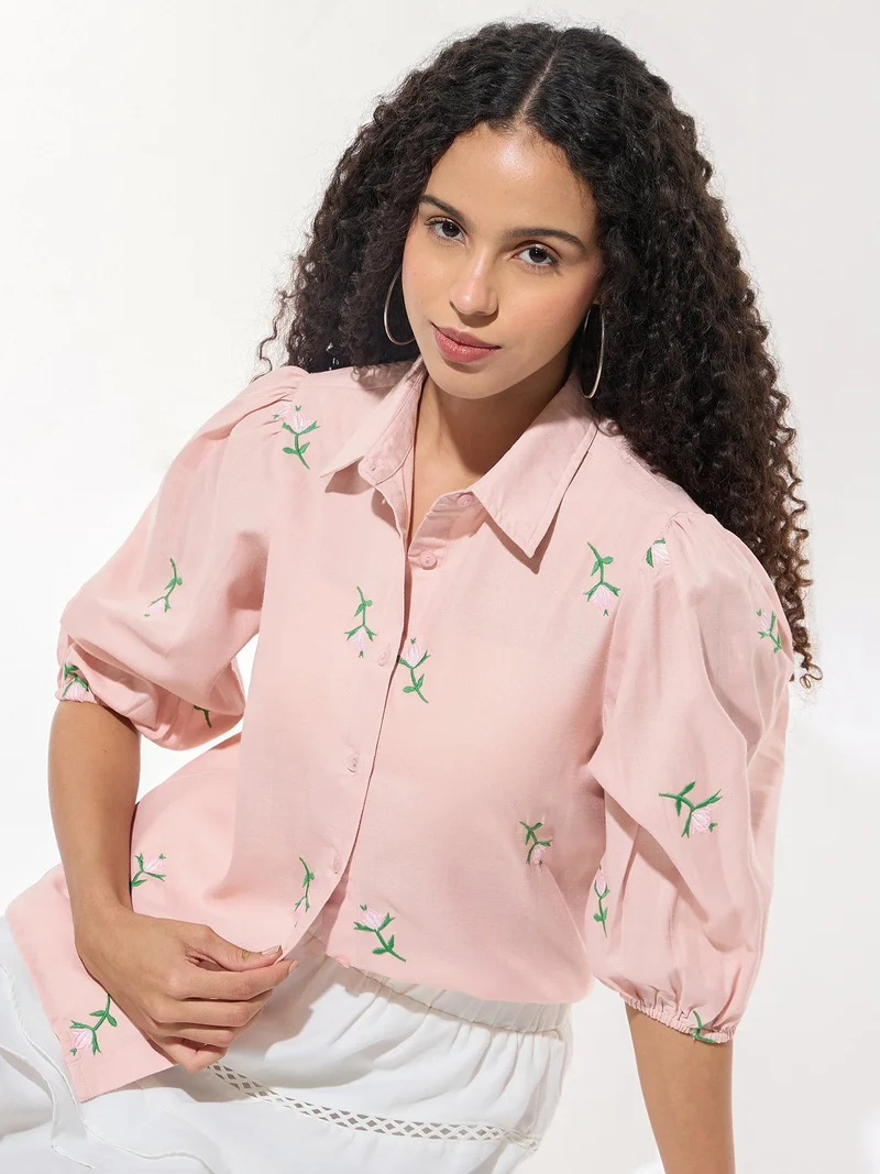 OUTZIDR Pink Boxy Shirt With Embroidery Detail