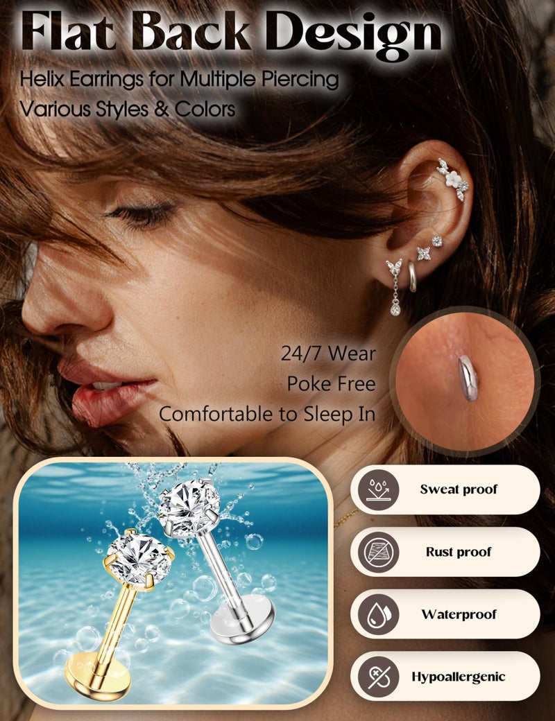 Florideco 20G Threadless Flat Back Earrings Hypoallergenic Push in Stud Earrings Silver Plated 316L Surgical Steel Stud Hoop Earring Sets Cartilage Helix Conch Tragus Nose Piercing Jewelry - Image 2
