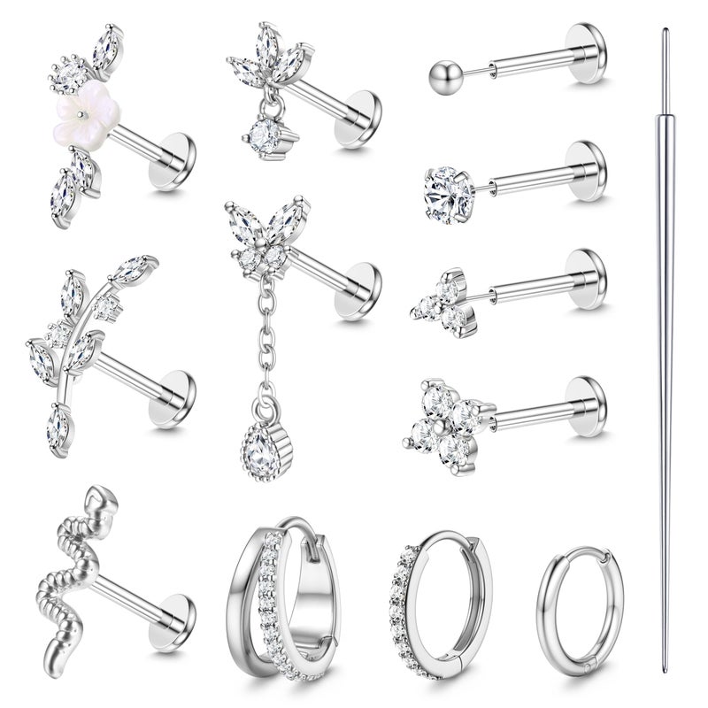 Florideco 20G Threadless Flat Back Earrings Hypoallergenic Push in Stud Earrings Silver Plated 316L Surgical Steel Stud Hoop Earring Sets Cartilage Helix Conch Tragus Nose Piercing Jewelry - Image 1