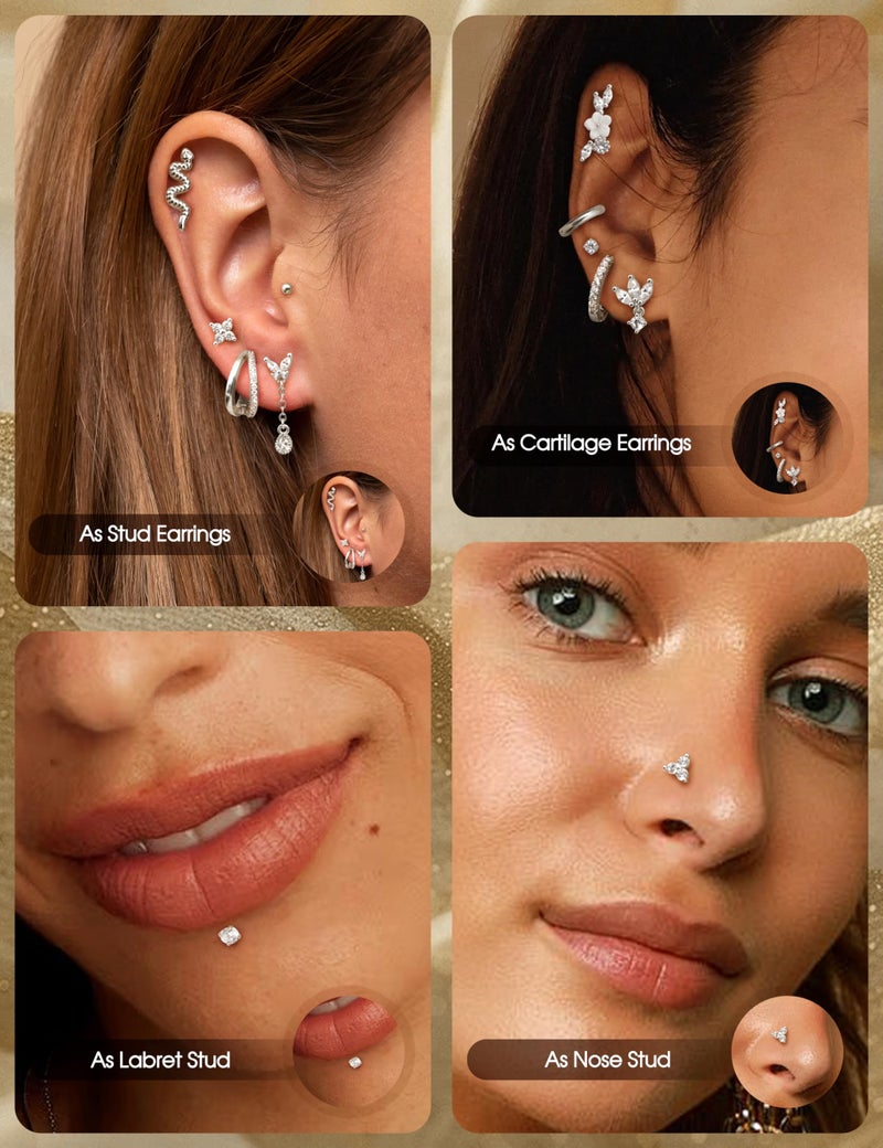 Florideco 20G Threadless Flat Back Earrings Hypoallergenic Push in Stud Earrings Silver Plated 316L Surgical Steel Stud Hoop Earring Sets Cartilage Helix Conch Tragus Nose Piercing Jewelry - Image 4