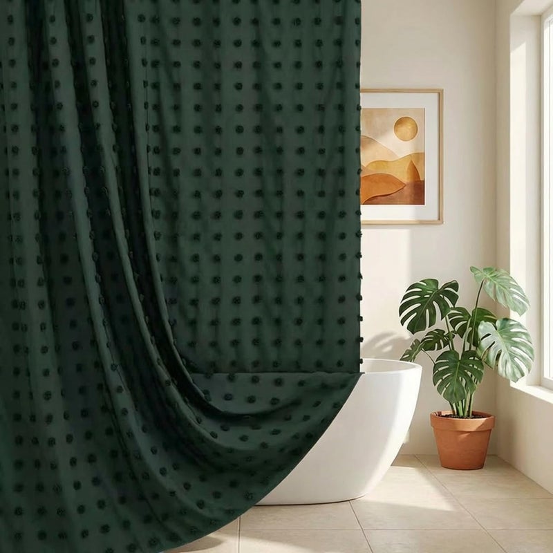 Siiluminisoy Boho Farmhouse Dark Green Shower Curtain Woven Fabric Shower Curtain, 72 x 72 Tufted Pleat Floral Puffs Textured Modern Farmhouse Minimalist Hunter Green Shower Curtain Set with Hooks for Bathroom - Image 1