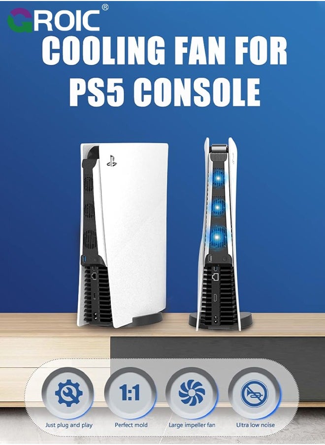 GROIC - مبرد أبيض لجهاز PS5، مروحة تبريد محسنة وصديقة للصوت، 3 مداخل USB 3.0 ملحقات متوافقة مع بلاي ستيشن 5 إصدار رقمي/وحدة تحكم Ultra HD - Image 1