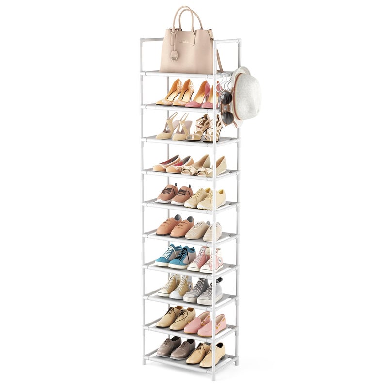 LANTEFUL 10 Tiers Tall Shoe Rack 20-25 Pairs Boots Organizer Storage Sturdy Narrow Shoe Shelf for Entryway, Closets with Hooks, White - Image 1
