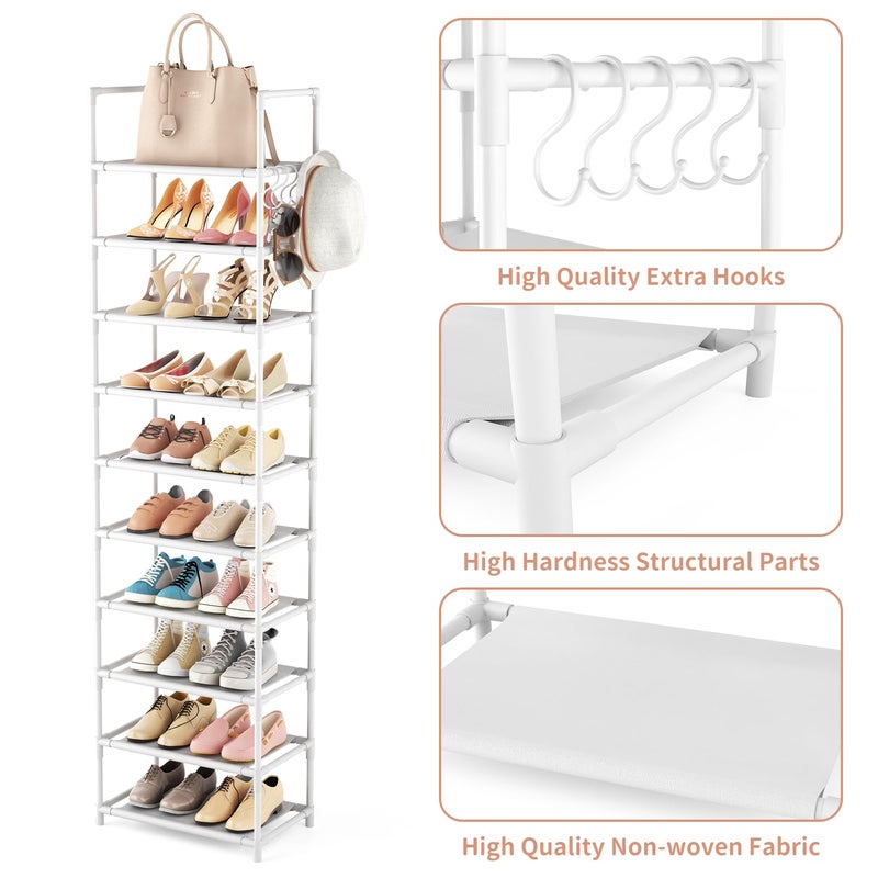LANTEFUL 10 Tiers Tall Shoe Rack 20-25 Pairs Boots Organizer Storage Sturdy Narrow Shoe Shelf for Entryway, Closets with Hooks, White - Image 4