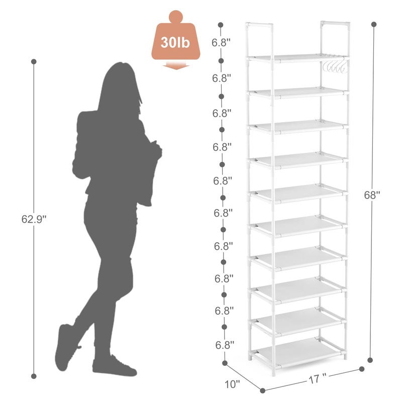 LANTEFUL 10 Tiers Tall Shoe Rack 20-25 Pairs Boots Organizer Storage Sturdy Narrow Shoe Shelf for Entryway, Closets with Hooks, White - Image 3