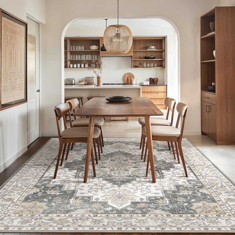 GENIMO 5x7 Area Rugs for Living Room, Machine Washable Non Slip Vintage Rugs, Low Pile Lightweight Chenille Print Rug for Bedroom, Dining Room, Home Office, Heathered Grey - Image 2