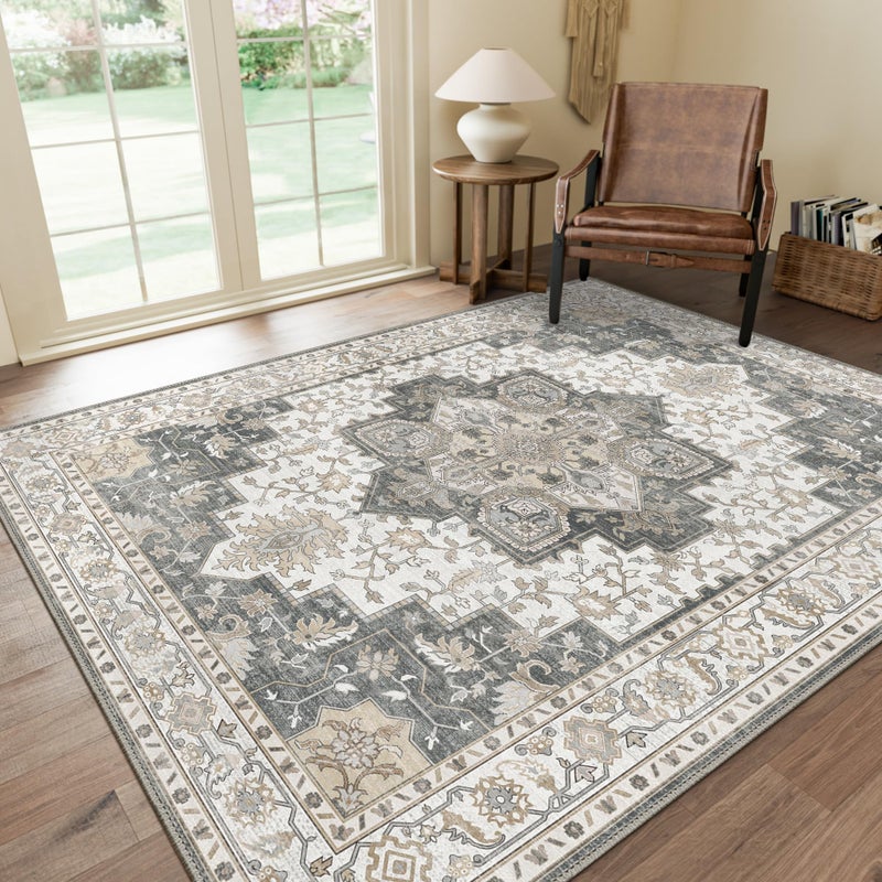 GENIMO 5x7 Area Rugs for Living Room, Machine Washable Non Slip Vintage Rugs, Low Pile Lightweight Chenille Print Rug for Bedroom, Dining Room, Home Office, Heathered Grey - Image 1