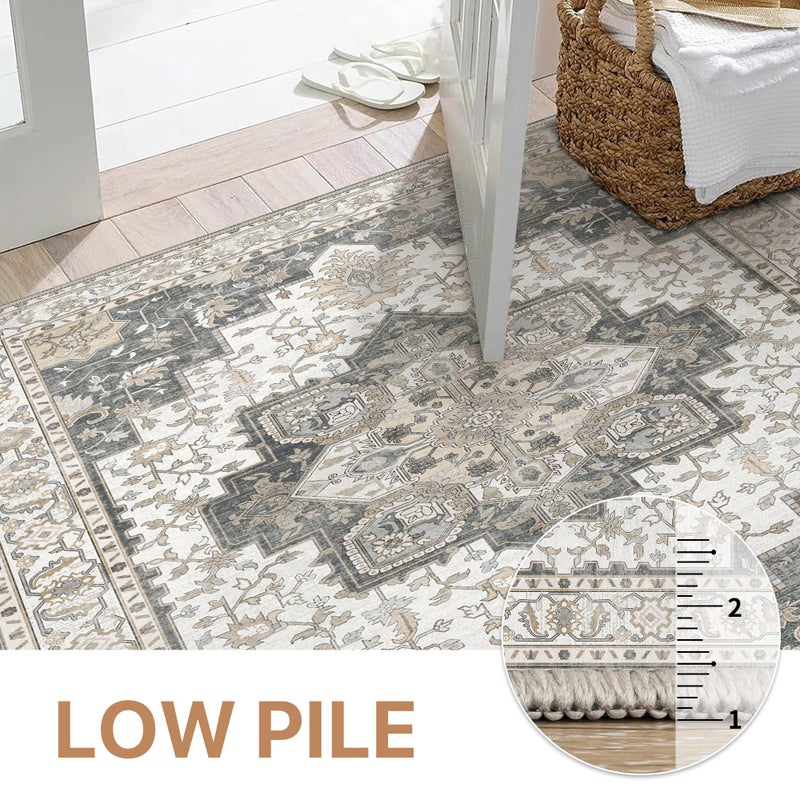 GENIMO 5x7 Area Rugs for Living Room, Machine Washable Non Slip Vintage Rugs, Low Pile Lightweight Chenille Print Rug for Bedroom, Dining Room, Home Office, Heathered Grey - Image 4