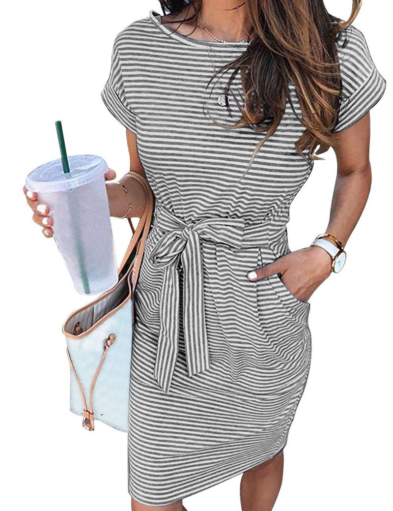 MEROKEETY Women's 2026 Summer Casual T Shirt Dress Short Sleeve Striped Tie Waist Work Vacation Trendy Short Dresses, Darkgrey, L - Image 1