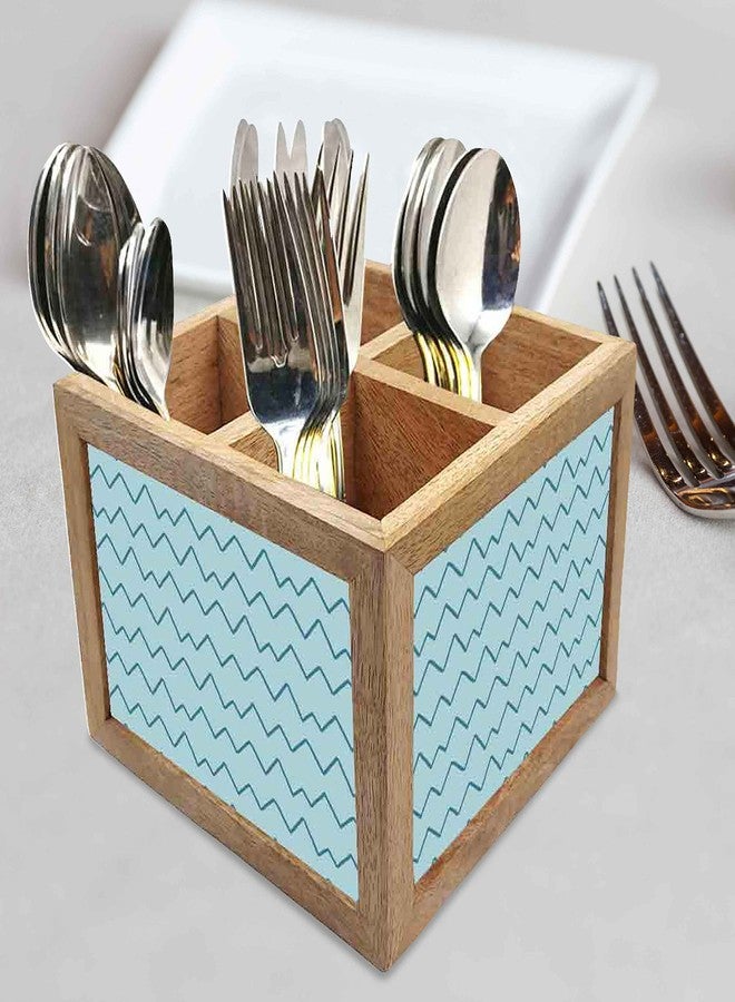 Nutcase Wooden Cutlery Stand Holder Silverware Caddy Spoons Forks Knives Organizer for Dining Table & Kitchen -Made in India-Spoons NOT Included - Blue Wave Lines - Image 2