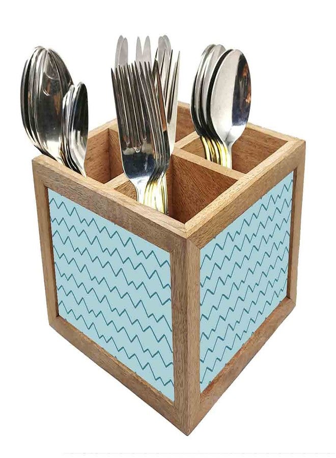 Nutcase Wooden Cutlery Stand Holder Silverware Caddy Spoons Forks Knives Organizer for Dining Table & Kitchen -Made in India-Spoons NOT Included - Blue Wave Lines - Image 1