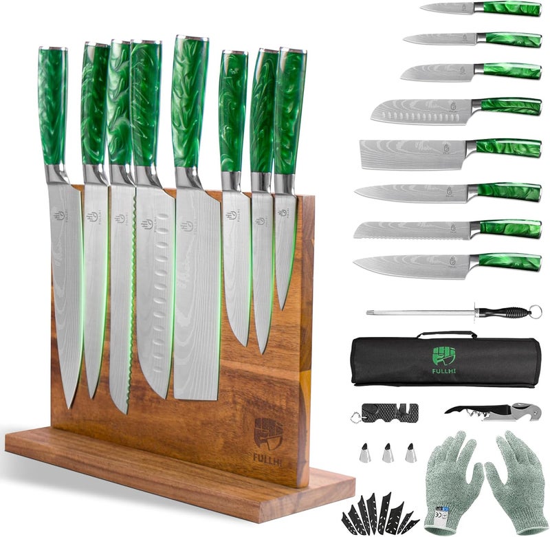 FULLHI 14/15pcs Japanese Multiple Colour Premium German Stainless Steel Kitchen Knife Set (Green, Magnetic Block Knife set) - Image 1