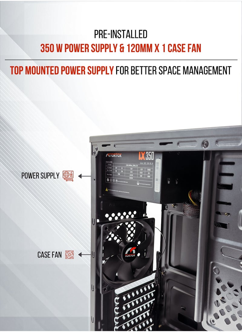 Tortox - Tortox Zion ATX, ITX, M-ATX Gaming  PC Case or Office PC Case, Pre-installed 350W Power Supply and 120mm Fan*1, Metal Computer Case, HDD, SSD, 7 Expansion Slots, Ideal for Office & Gaming use - Image 1