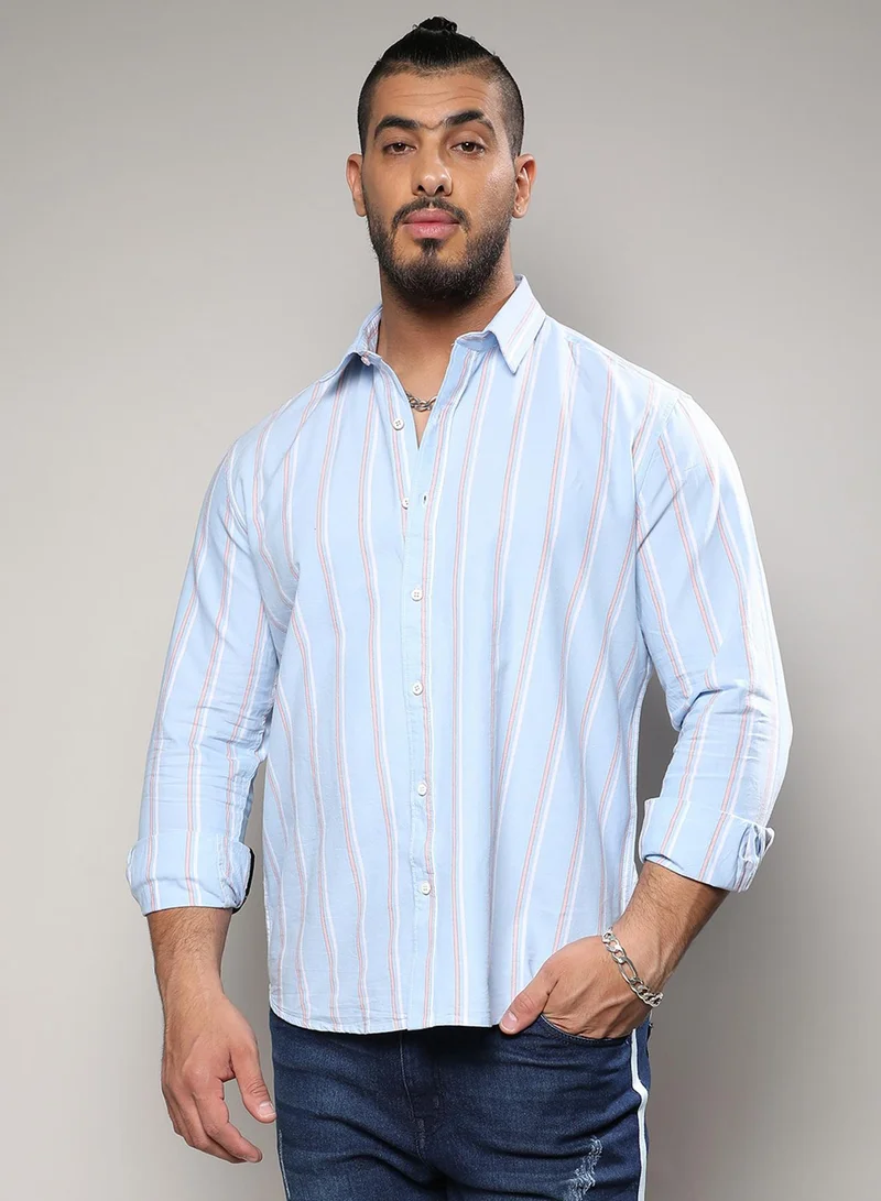 انستافاب بلس قميص رجالي قطني مخطط أزرق فاتح مقاس كبير كاجوال