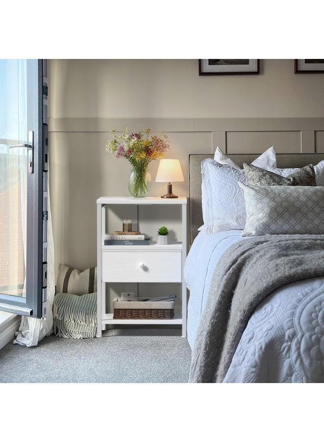 يانارا طاولة سرير بيضاء مع محطة شحن، طاولة ليلية LED مع أدراج قماشية ورف، طاولة جانبية مع منافذ USB ومقابس كهرباء، طاولة سرير عصرية حديثة، تصميم أبيض بسيط - Image 2