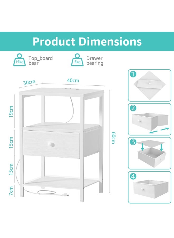 يانارا طاولة سرير بيضاء مع محطة شحن، طاولة ليلية LED مع أدراج قماشية ورف، طاولة جانبية مع منافذ USB ومقابس كهرباء، طاولة سرير عصرية حديثة، تصميم أبيض بسيط - Image 3