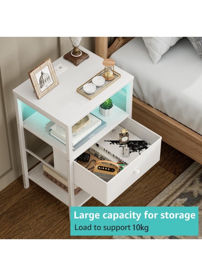 يانارا طاولة سرير بيضاء مع محطة شحن، طاولة ليلية LED مع أدراج قماشية ورف، طاولة جانبية مع منافذ USB ومقابس كهرباء، طاولة سرير عصرية حديثة، تصميم أبيض بسيط - Image 4