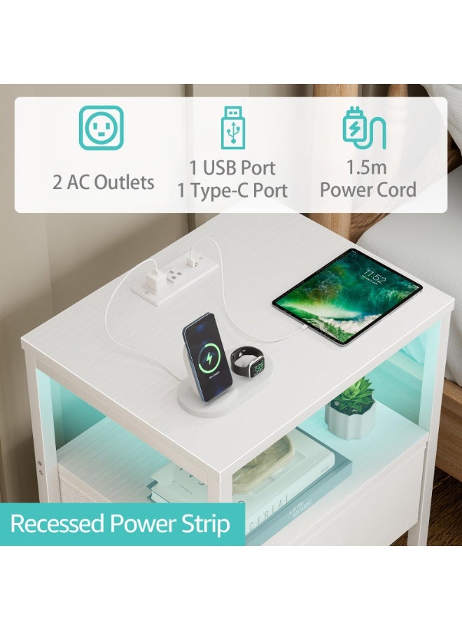 يانارا طاولة سرير بيضاء مع محطة شحن، طاولة ليلية LED مع أدراج قماشية ورف، طاولة جانبية مع منافذ USB ومقابس كهرباء، طاولة سرير عصرية حديثة، تصميم أبيض بسيط - Image 5