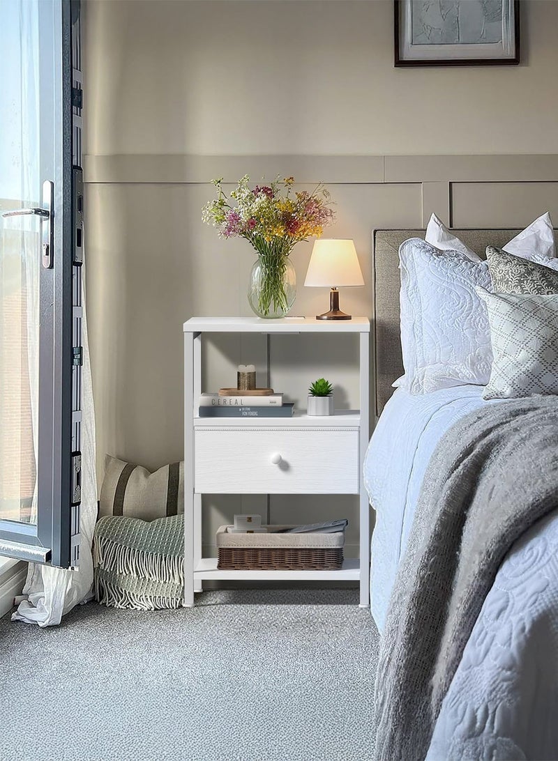 طاولة سرير بيضاء مع محطة شحن، طاولة ليلية LED مع أدراج قماشية ورف، طاولة جانبية مع منافذ USB ومقابس كهرباء، طاولة سرير عصرية حديثة، تصميم أبيض بسيط - view 2