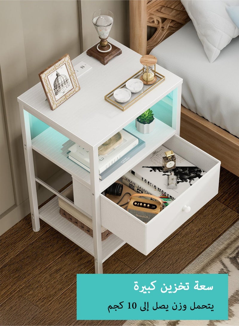 طاولة سرير بيضاء مع محطة شحن، طاولة ليلية LED مع أدراج قماشية ورف، طاولة جانبية مع منافذ USB ومقابس كهرباء، طاولة سرير عصرية حديثة، تصميم أبيض بسيط - view 5