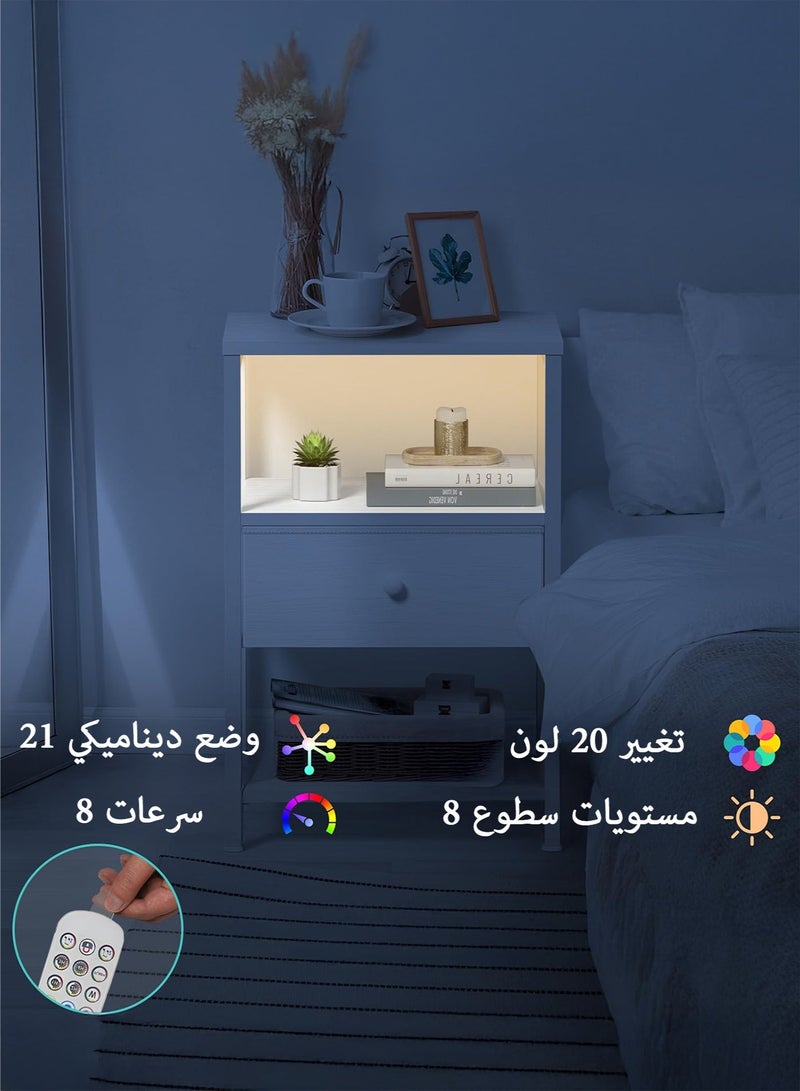 طاولة سرير بيضاء مع محطة شحن، طاولة ليلية LED مع أدراج قماشية ورف، طاولة جانبية مع منافذ USB ومقابس كهرباء، طاولة سرير عصرية حديثة، تصميم أبيض بسيط - view 4