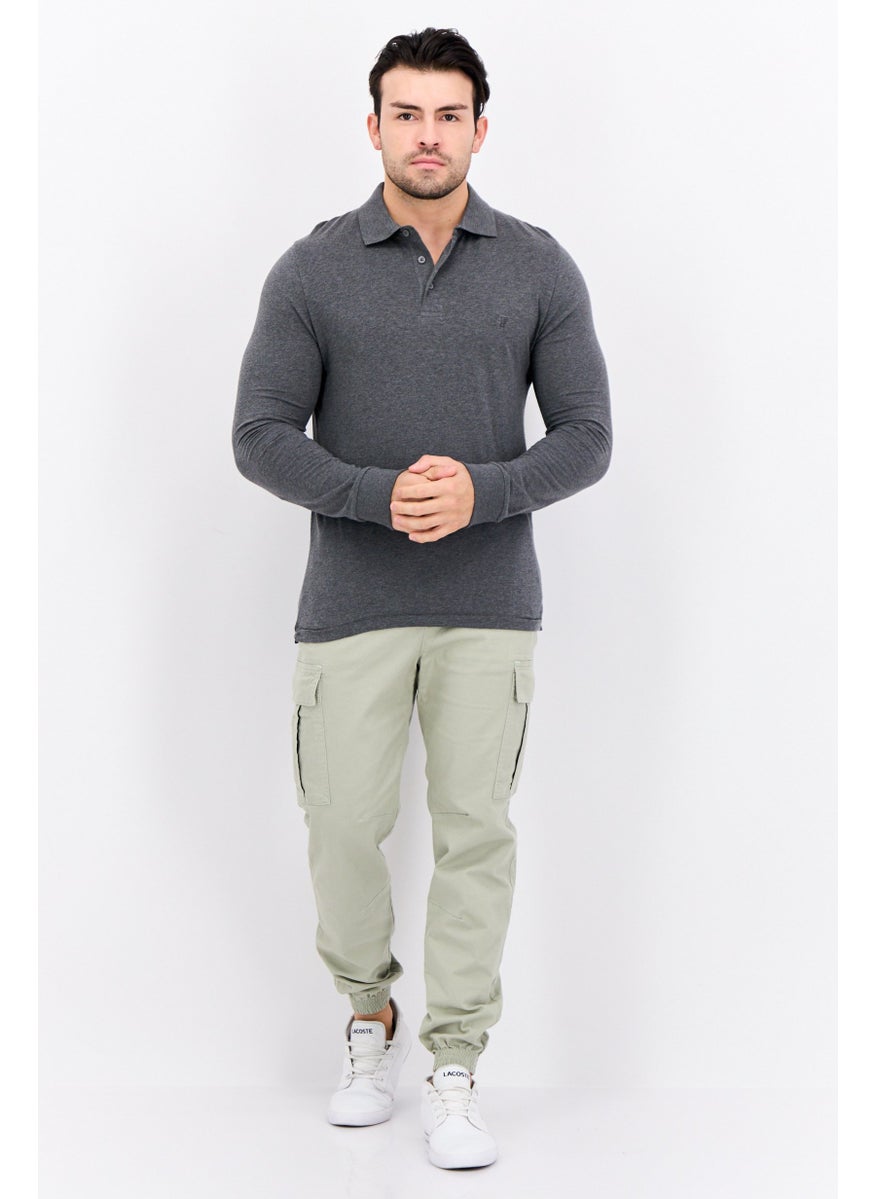 French Connection Men Regular Fit Brand Logo Long Sleeves Polo Shirt, Charcoal Grey  - Image 4
