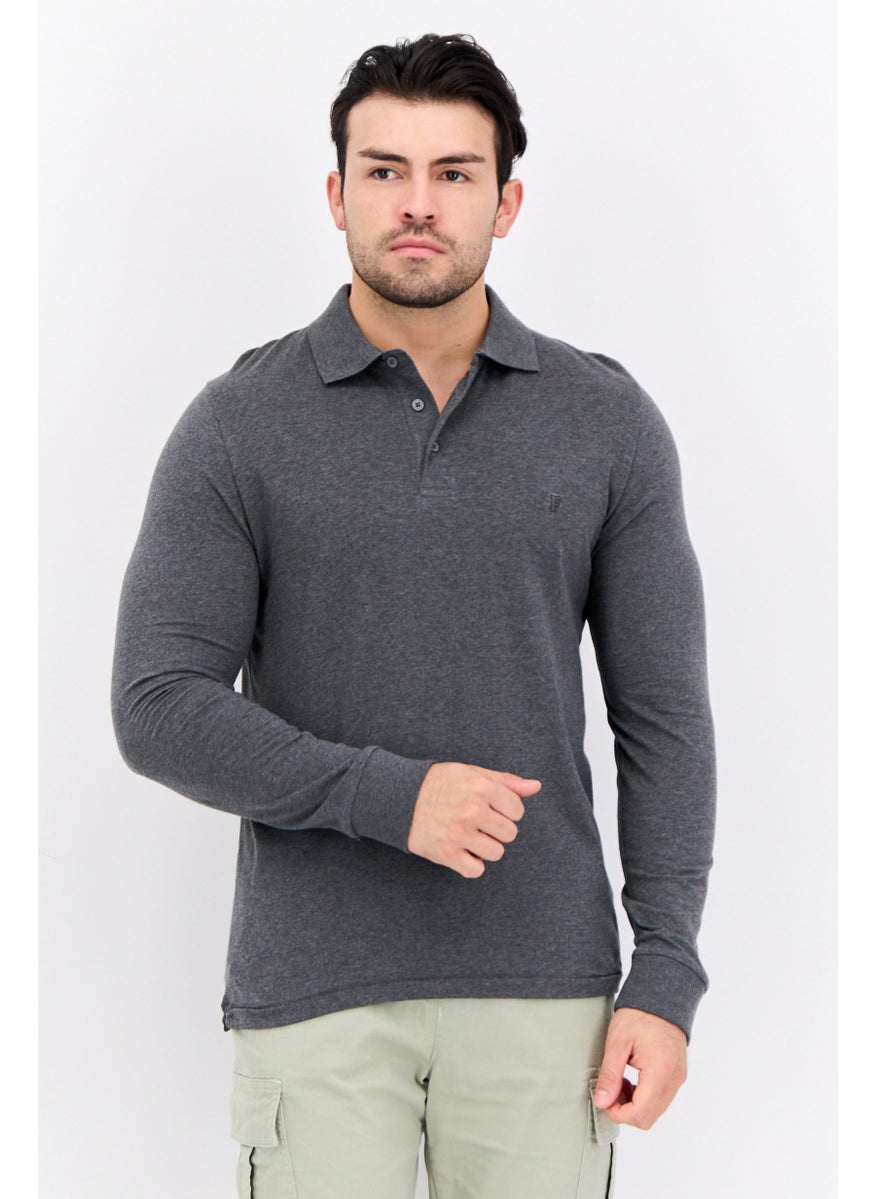 French Connection Men Regular Fit Brand Logo Long Sleeves Polo Shirt, Charcoal Grey  - Image 1