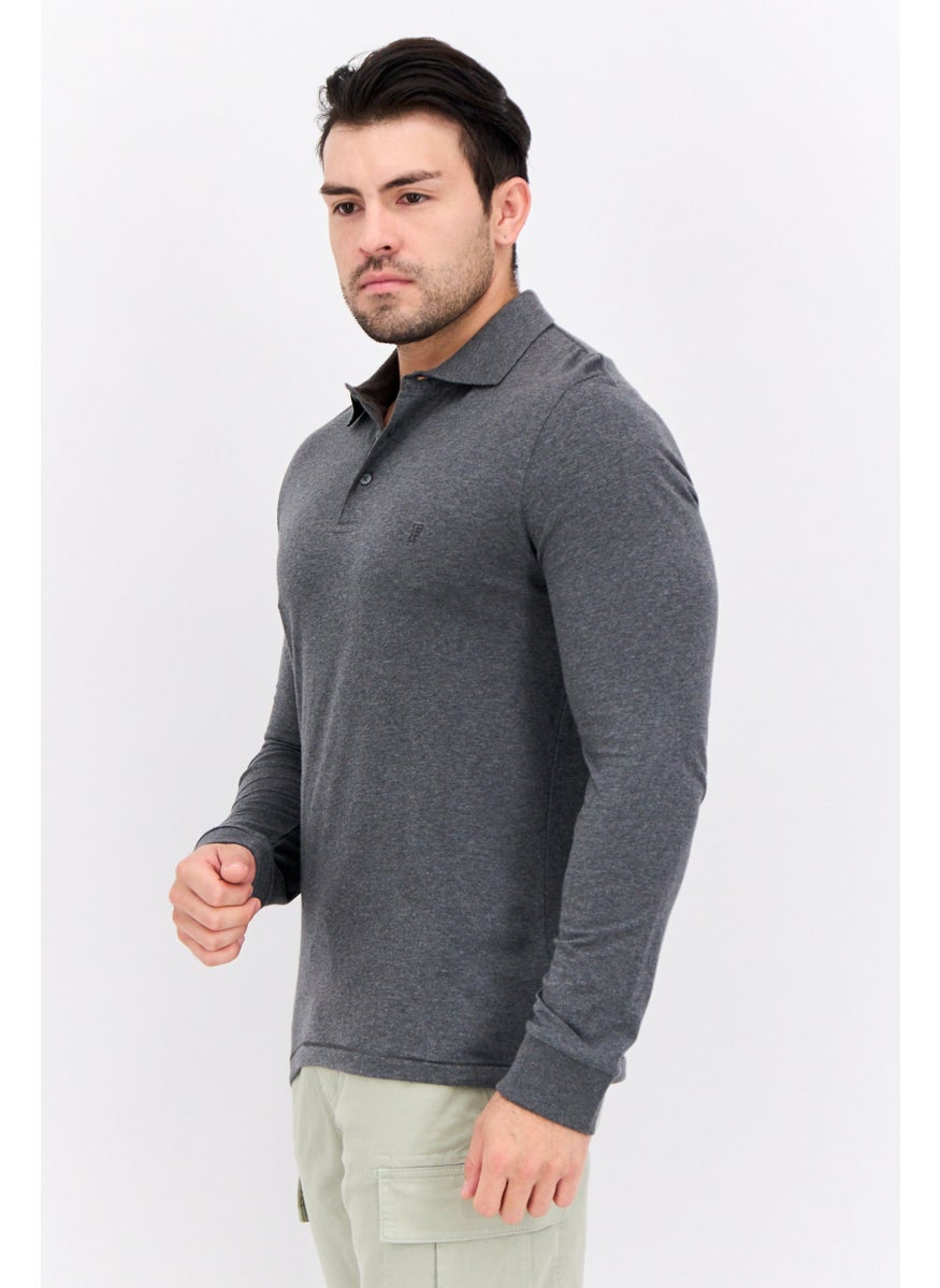 French Connection Men Regular Fit Brand Logo Long Sleeves Polo Shirt, Charcoal Grey  - Image 3