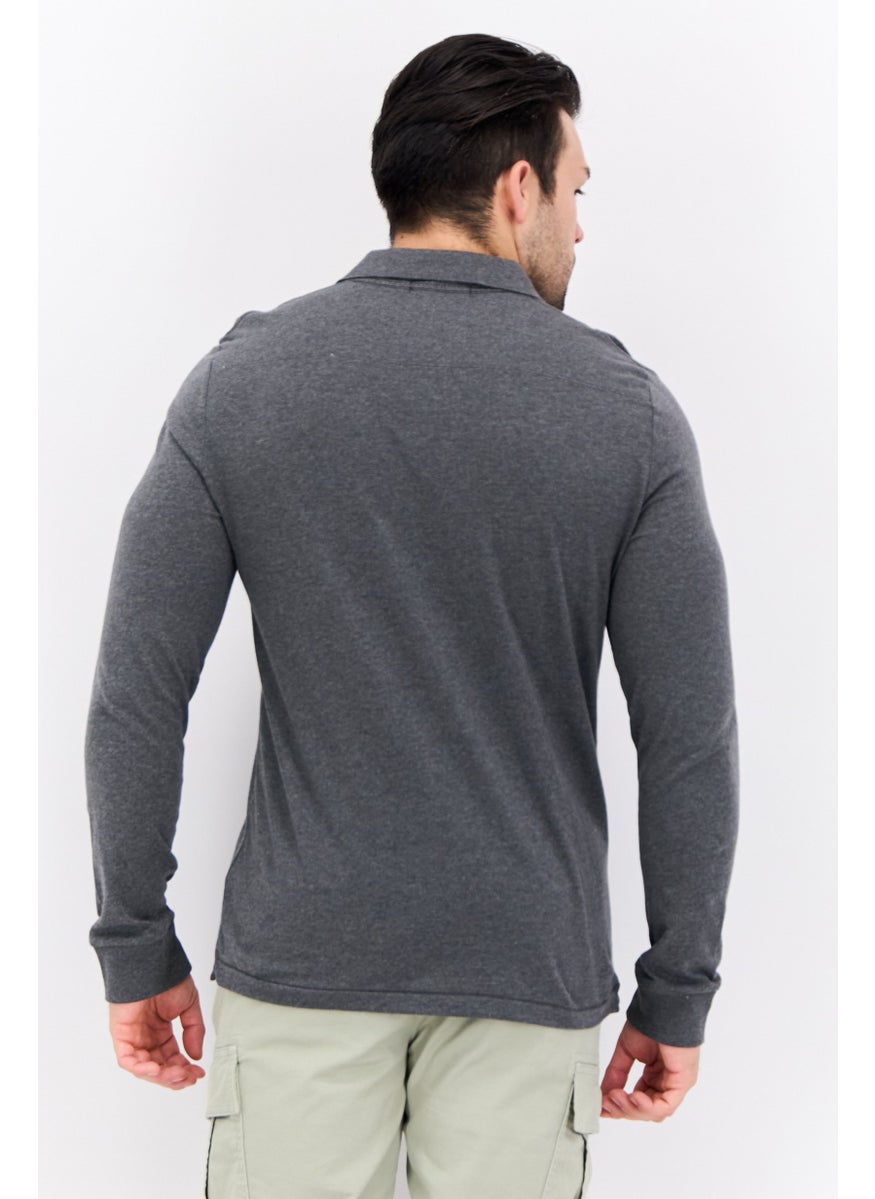 French Connection Men Regular Fit Brand Logo Long Sleeves Polo Shirt, Charcoal Grey  - Image 2