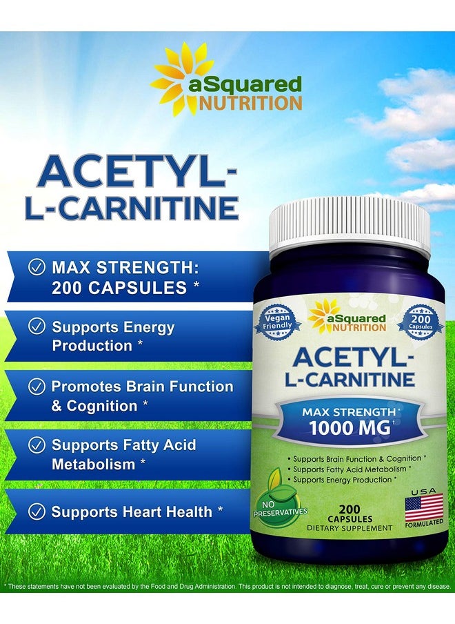 aSquared Nutrition - Acetyl Lcarnitine 1000Mg Max Strength 200 Veggie Capsules High Dosage Acetyl L Carnitine Hcl (Alcar) Supplement Pills To Support Pure Energy Brain Function & Fatty Acid - Image 1