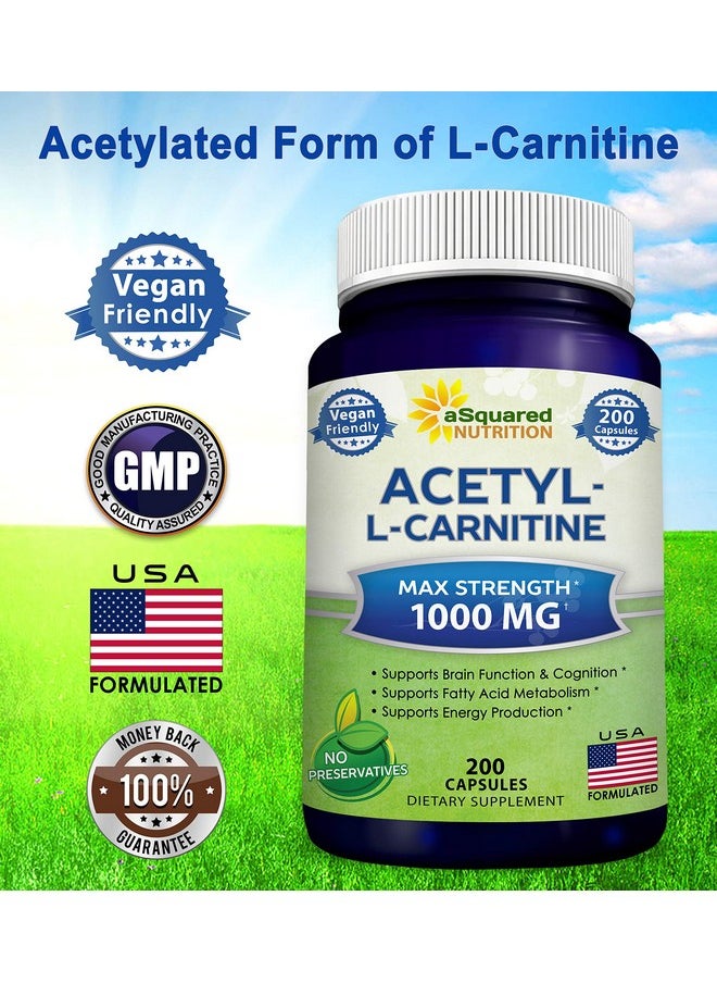 aSquared Nutrition - Acetyl Lcarnitine 1000Mg Max Strength 200 Veggie Capsules High Dosage Acetyl L Carnitine Hcl (Alcar) Supplement Pills To Support Pure Energy Brain Function & Fatty Acid - Image 1