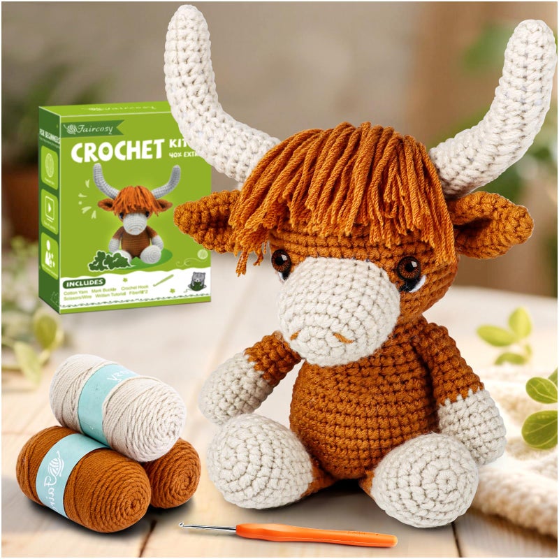 Faircosy Learn to Crochet Beginner Kit: All in One Highland Cow Crochet DIY Kit with Yarn, Crochet Hooks, Video Guide - Make Adorable Cow for Women, Teens & Adults - Great Learning Craft Gift - Image 1