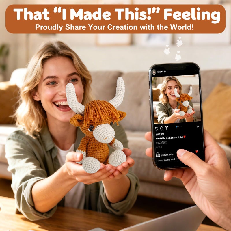 Faircosy Learn to Crochet Beginner Kit: All in One Highland Cow Crochet DIY Kit with Yarn, Crochet Hooks, Video Guide - Make Adorable Cow for Women, Teens & Adults - Great Learning Craft Gift - Image 4