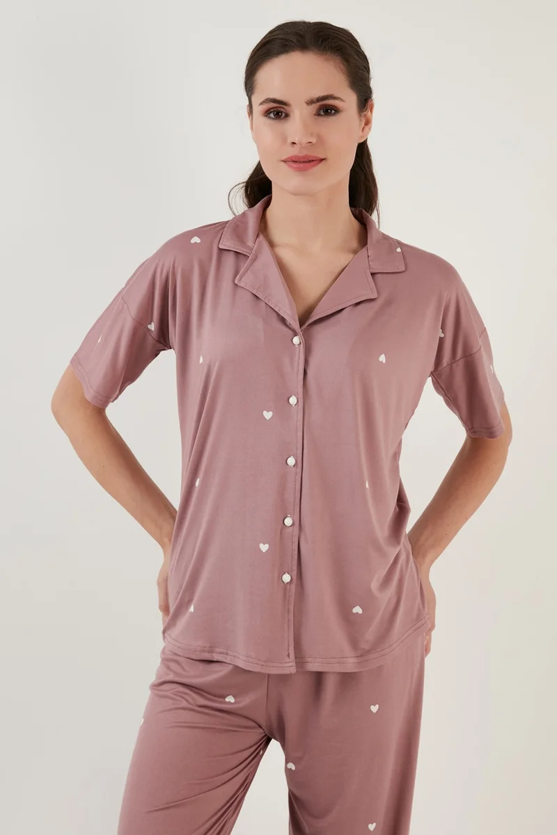 Lela Patterned Short Sleeve Elastic Waist Shirt Collar Woven Pajama Set Women's Pajama Set 6097515